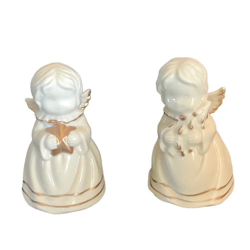 Vintage Giftco 1970s Set of 2 Angel Bells Porcelain Hand Painted 3.5" Cream Gold